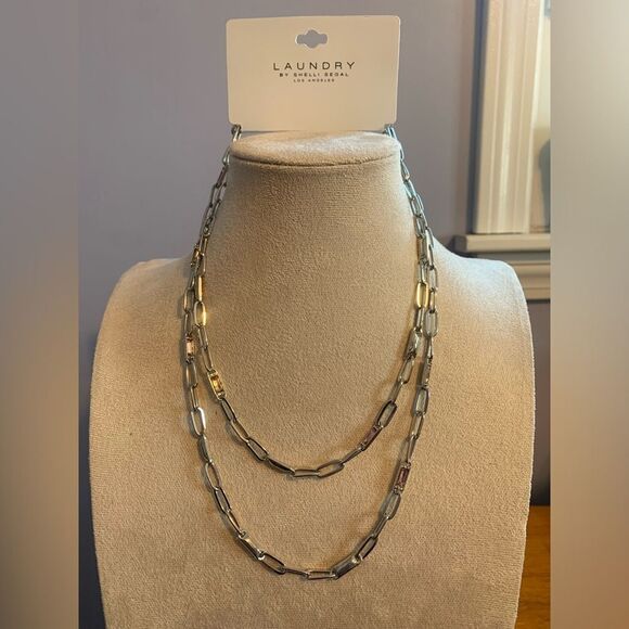 Laundry by Shelli Segal silver paper clip necklace pink gems - Picture 1 of 3